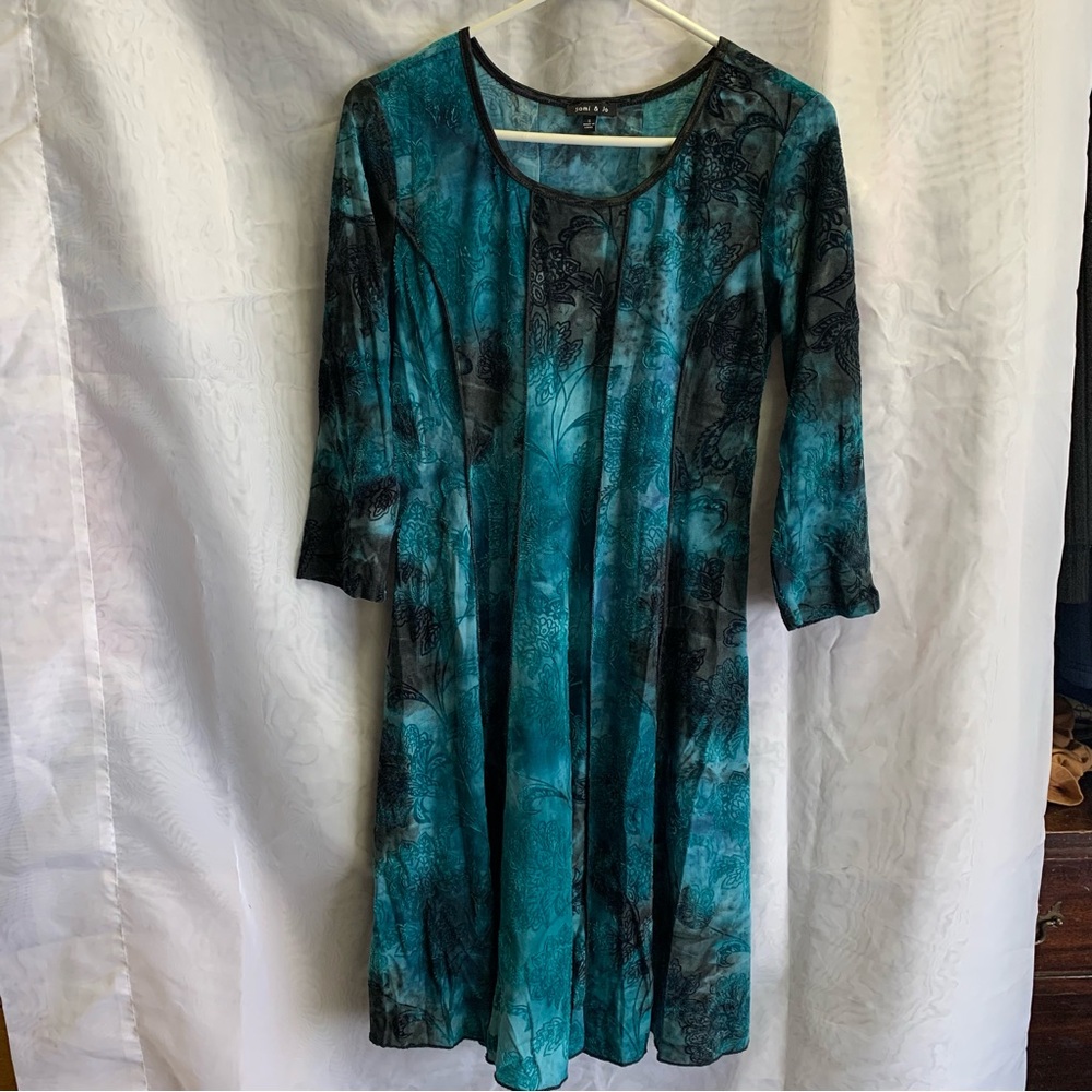 Sami & Jo Teal and Black Velvet Accent Fairy Dress whimsigoth 3/4 sleeves